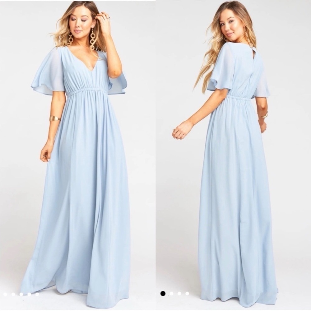 NWT Show Me Your Mumu Small Emily Empire Maxi Dress Steel Blue Chiffon